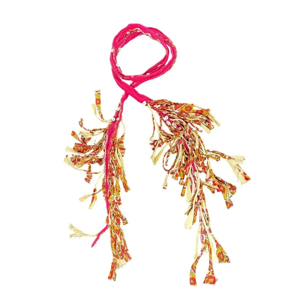 Vintage Boho Pink- Buttons- Skinny Neck scarf Rave- Y2K Fringe 72